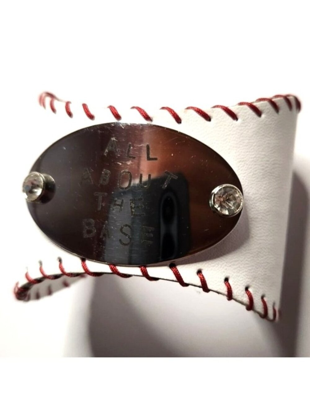 Cuff Bracelet Baseball White Red Stitching Metal Plate "All About The Base"